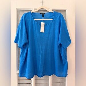 NWT Eileen Fisher Women’s 2X Blue Elbow Sleeve Organic Linen/Cotton Pullover